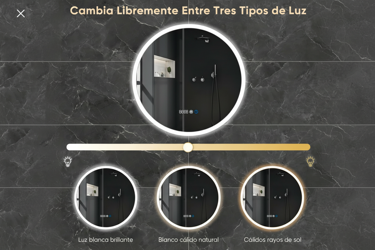 Espejo LED Touch Redondo Dorado 60 cm, 3 Tonos de Luz